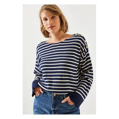 Bianco Lucci Women's Striped Shoulder Buttoned Sweater