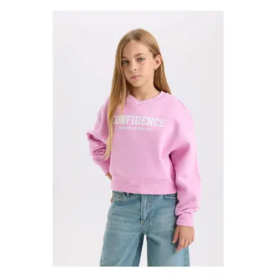 DEFACTO Girl's V-Neck Printed Soft Fluffy Thick Fabric Sweatshirt