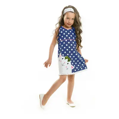 Denokids Cat and Polka Dot Girl's Navy Blue Summer Poplin Dress