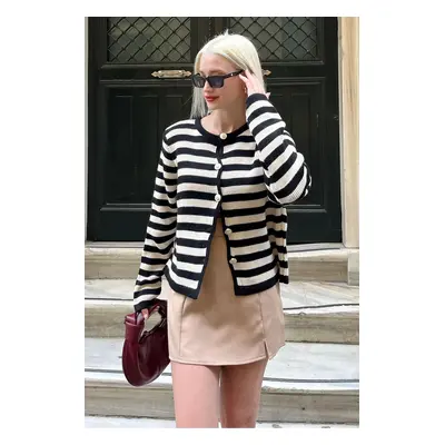 Madmext Black Striped Crew Neck Gold Button Detailed Cotton Cardigan