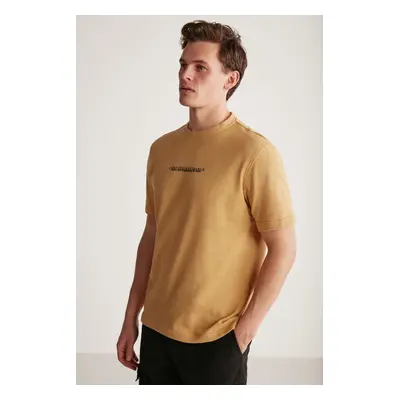 GRIMELANGE Frankie Men's Special Structured Textured Thick Fabric Printed 100% Cotton Beige T-sh