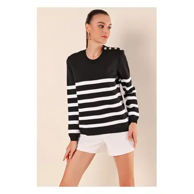 Bigdart Button Detail Striped Sweater - Black