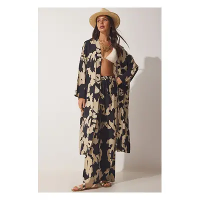 Happiness İstanbul Women's Black Beige Patterned Viscose Kimono Palazzo Trousers Set