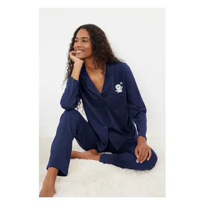 Trendyol Navy Blue 100% Cotton Penguin Printed Knitted Pajama Set