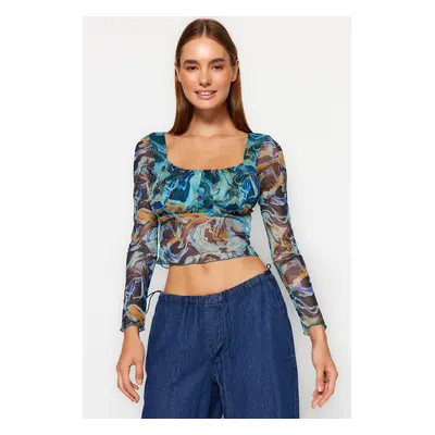 Trendyol Blue Patterned Fitted Crop Tulle Stretch Knitted Blouse