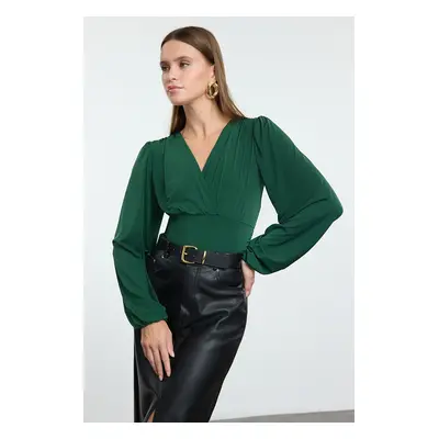 Trendyol Emerald Green Double Breasted Gather/Drape Detail Long Sleeve Flexible Knitted Blouse