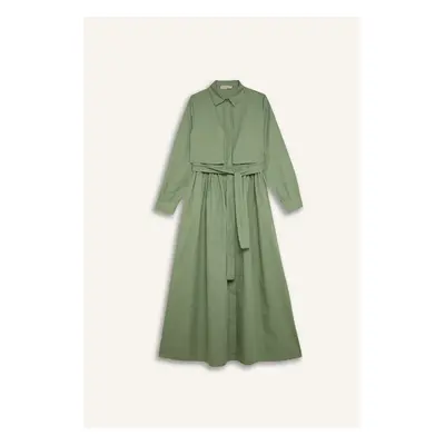 DEFACTO Shirt Collar Belted Buttoned Long Sleeve Poplin Midi Dress