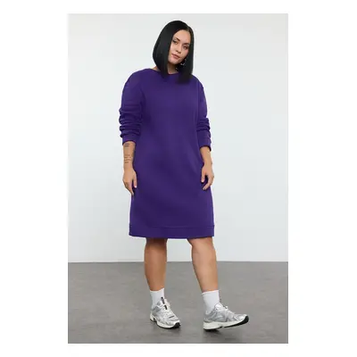 Trendyol Curve Dark Purple Yarn Non-raising Crew Neck Knitting Plus Size Sweatshirt Dress