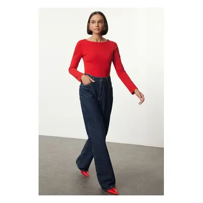 Trendyol Red Cotton Boat Neck Fitted Stretchy Blouse