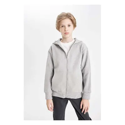 DEFACTO Boy's Basic Gray Hooded School Cardigan with Zipper Pockets