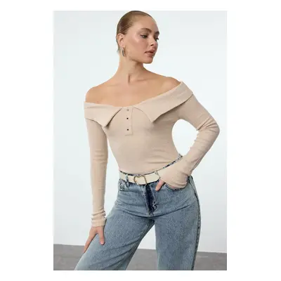 Trendyol Stone Fitted Snap-on Collar Detailed Ribbed Stretchy Knitted Blouse