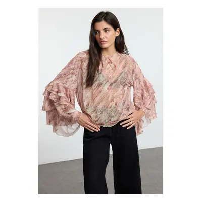 Trendyol Light Brown Animal Ruffle Detailed Blouse