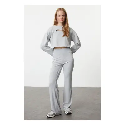 Trendyol Gray Melange Wide Leg High Waist Interlock Elastic Knitted Trousers