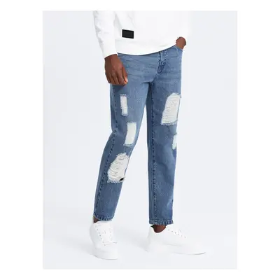 Ombre Men's TAPERED FIT denim pants with holes - dark blue