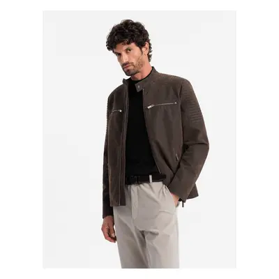 Ombre Men's retro biker jacket with stand-up collar - brown