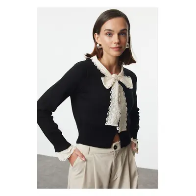 Trendyol Black Crop Garnished Ribbon/Bow Detailed Knitwear Cardigan