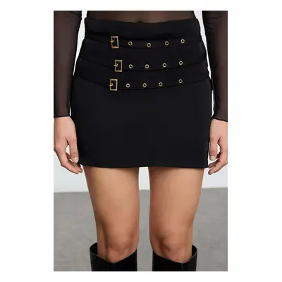 Trendyol Black Buckle Belt Detailed Woven Mini Skirt