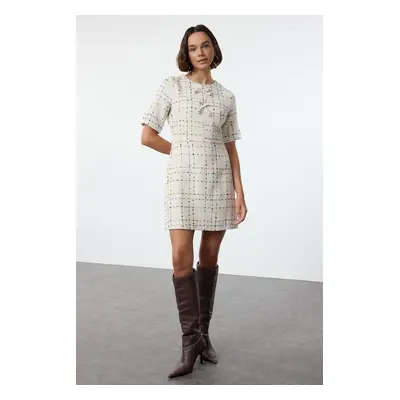 Trendyol Ecru Check A-Line Bow Detailed Mini Woven Tweed Dress