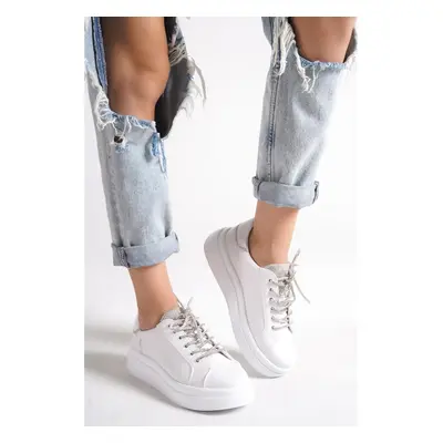 Capone Outfitters Capone Round Toe Women's Sneakers with Stones and Lace-Up White