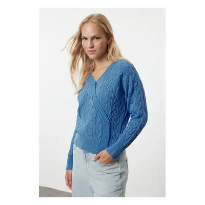 Trendyol Blue Asymmetric Button Detailed Knitwear Cardigan