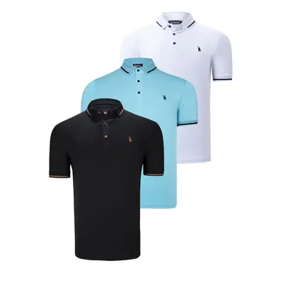 TRIPLE SET T8586 DEWBERRY MEN'S T-SHIRT-BLACK-WHITE-CYAN