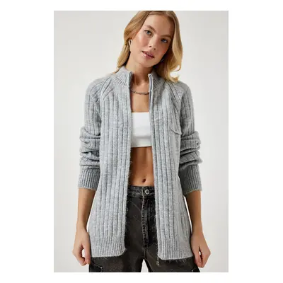 Happiness İstanbul Women's Gray Zippered Knitwear Cardigan