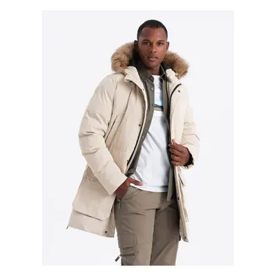 Ombre Men's long parka jacket with flared bottom - cream