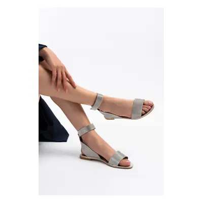 NİŞANTAŞI SHOES Earth Silver Stone Detail Ankle Tied Flat Sole Velcro Women's Sandals