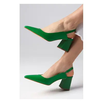 Mio Gusto Anette Green Color Pointed Toe Open Back Thick Heeled Shoes