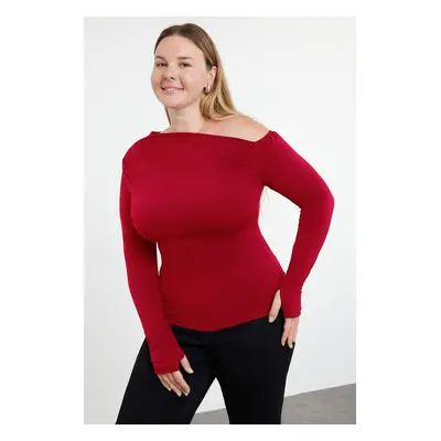 Trendyol Curve Red Asymmetric Collar Sandy Knitted Plus Size Blouse