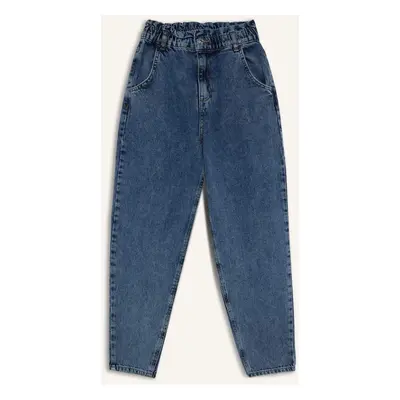 DEFACTO Paperbag Relaxed Cut High Waist Elastic Waist Light Straight Leg Jean Washed Trousers