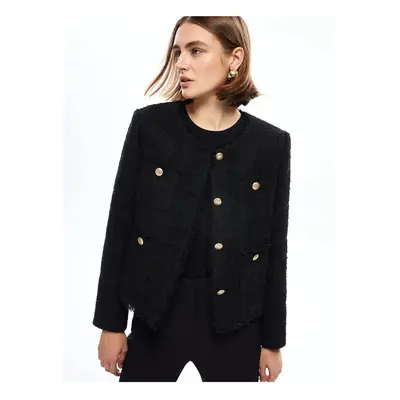 LC Waikiki LCWAIKIKI Classic New Black Crew Neck Plain Long Sleeve Women's Tweed Jacket