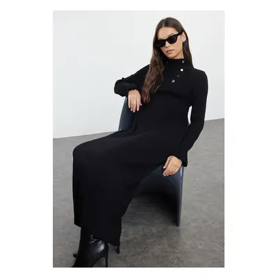 Trendyol Black Accessory Buttoned Rib Knit Dress