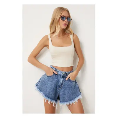 Happiness İstanbul Women's Dark Blue Tassel High Waist Jean Shorts