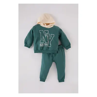 DEFACTO Baby Boy 2-Piece Set Hooded Printed Sweatshirt Elastic Waist Tracksuit Bottoms