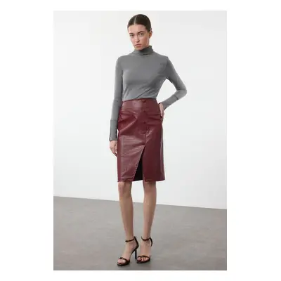 Trendyol Dark Red Limited Edition Faux Snakeskin Slit Detailed Midi Woven Skirt