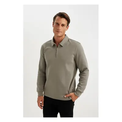 DEFACTO Regular Fit Polo Collar Half Zipper Basic Plain Sweatshirt