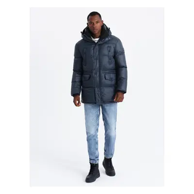 Ombre Men's long puffer jacket with snap pockets - navy blue