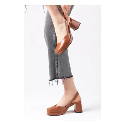 Mio Gusto Evita Tan Women's Open Back Platform Heeled Shoes