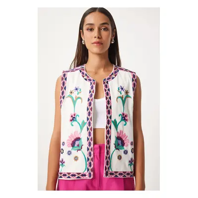 Happiness İstanbul Women's Pink White Embroidery Detailed Linen Vest