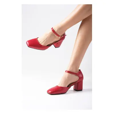 Mio Gusto Anna Red Color Flat Toe Women's Thick Heel Ankle Band Heeled Shoes