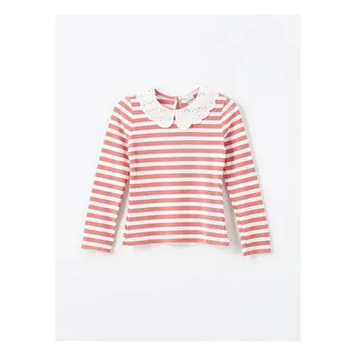 LC Waikiki LCW Kids Matte Pink Striped Baby Collar Striped Girl's T-Shirt