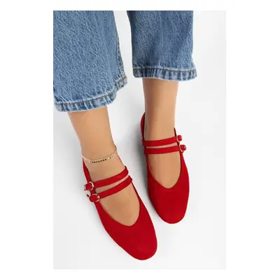 Shoeberry Women's Fiesty Red Suede Double Strap Ballerinas