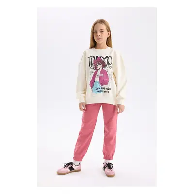 DEFACTO Girl 2-Piece Set Crew Neck Printed Sweatshirt Elastic Waist Tracksuit Bottoms