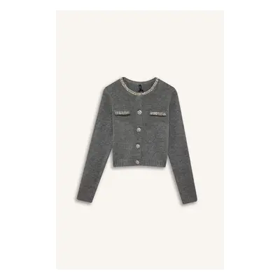 DEFACTO Regular Fit Crew Neck Stoned Buttoned Knitwear Cardigan