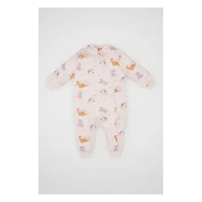 DEFACTO Baby Girl Newborn Pink Zippered Dinosaur Printed Cotton Long Sleeve Jumpsuit