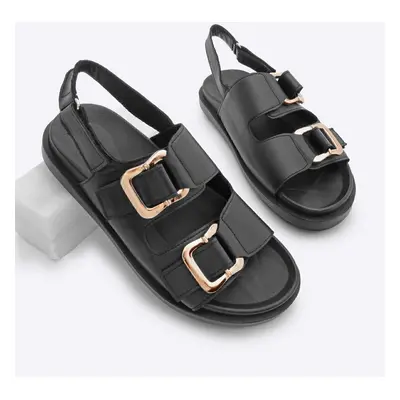 Marjin Women's Genuine Leather Gold Buckle Scarf Double Strap Casual Sandals Risay Black