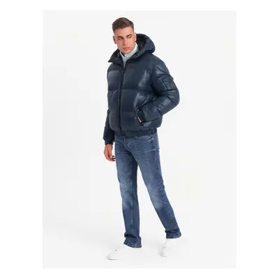 Ombre Warm men's puffer jacket with welts - navy blue