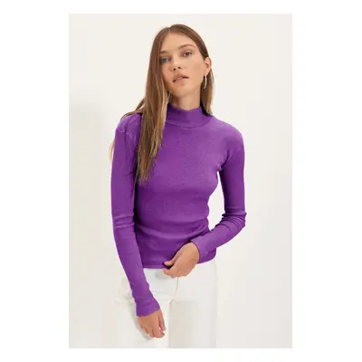 Trendyol Plum Fitted/Body-Sit Stand-Up Collar Long Sleeve Elastic Ribbed Knit Blouse