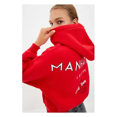 Trendyol Red Back Print Detail Hooded Thick Fleece Knitted Sweatshirt